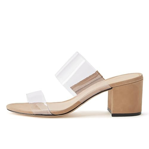 Clear Round Toe Chunky Heels Sandals for Womens Slip On Open Toe One Word Belt Summer Daily Party High Heels Sandals Casual Comfortable Slippers,Nude,10.5 | Amazon (US)