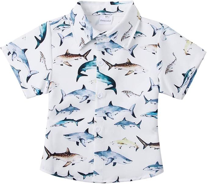 RAISEVERN Boys Button Down Shirts Hawaiian Cartoon Print Slim-Fit Short Sleeve Cool Dress Shirt C... | Amazon (US)