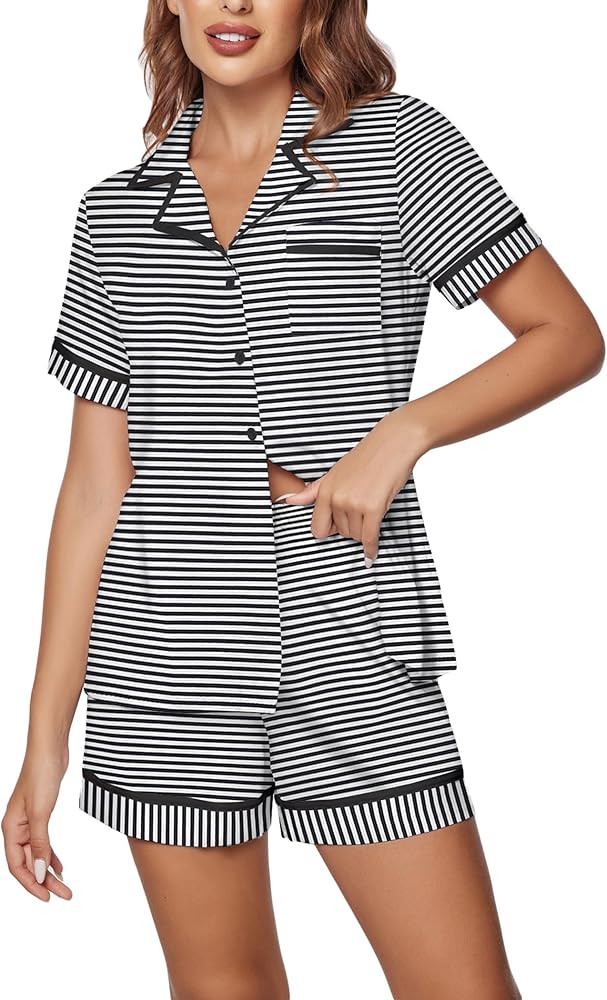 Ekouaer Women's Pajama Sets 2 Piece Short Sleeve Button Down Tops and Pants Pj Set V Neck Sleepwe... | Amazon (US)