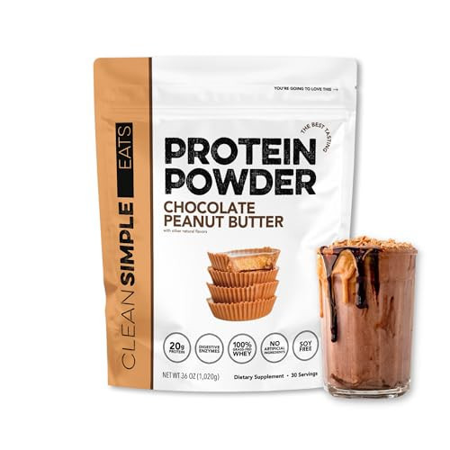 Clean Simple Eats Whey Protein Powder, Chocolate Peanut Butter Flavor Naturally Sweetened, 100% Grass Fed Protein Powder with Digestive Enzymes & No Artificial Ingredients, Gluten Free, 30 Servings | Amazon (US)