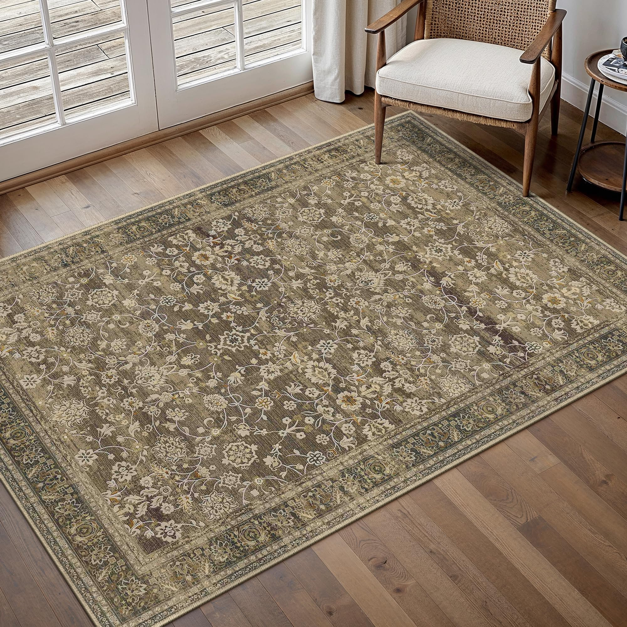 4x6 Area Rug Brown Machine Washable Entryway Carpet Vintage Floral Office Door Mat Indoor Small N... | Amazon (US)
