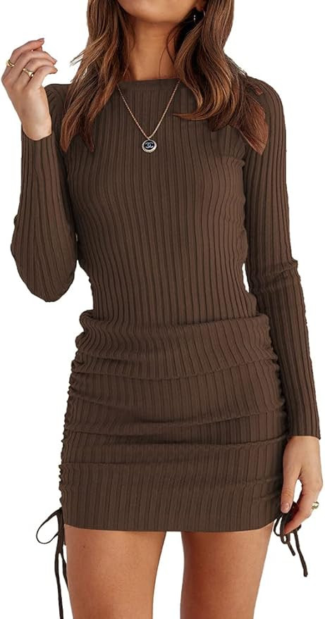 OWIN Women's Long Sleeve Ribbed Knit Casual Bodycon Mini Dress Ruched Drawstring Fall Pullover Sw... | Amazon (US)