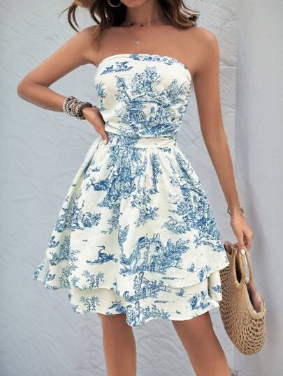 SHEIN VCAY Ladies' Portrait Printed Strapless Dress | SHEIN