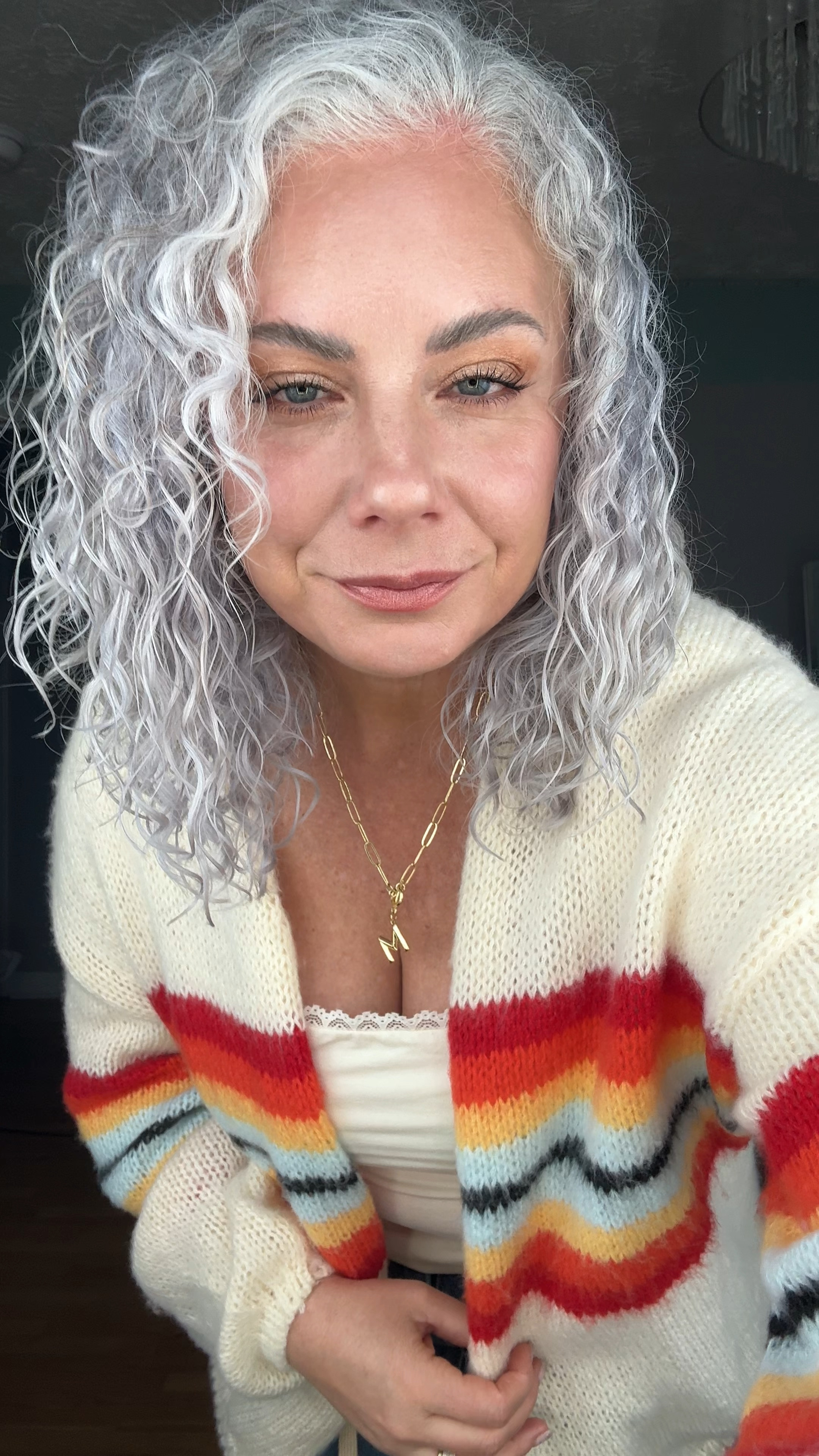 “Cozy up in style! 🌈 This ultra-soft, fun striped sweater pairs perfectly with a cream square-neck top and trendy barrel jeans for a chic, laid-back look. Perfect for staying warm and fashionable this season! 🧥✨ #CozyChic #SweaterWeather #EffortlessStyle”