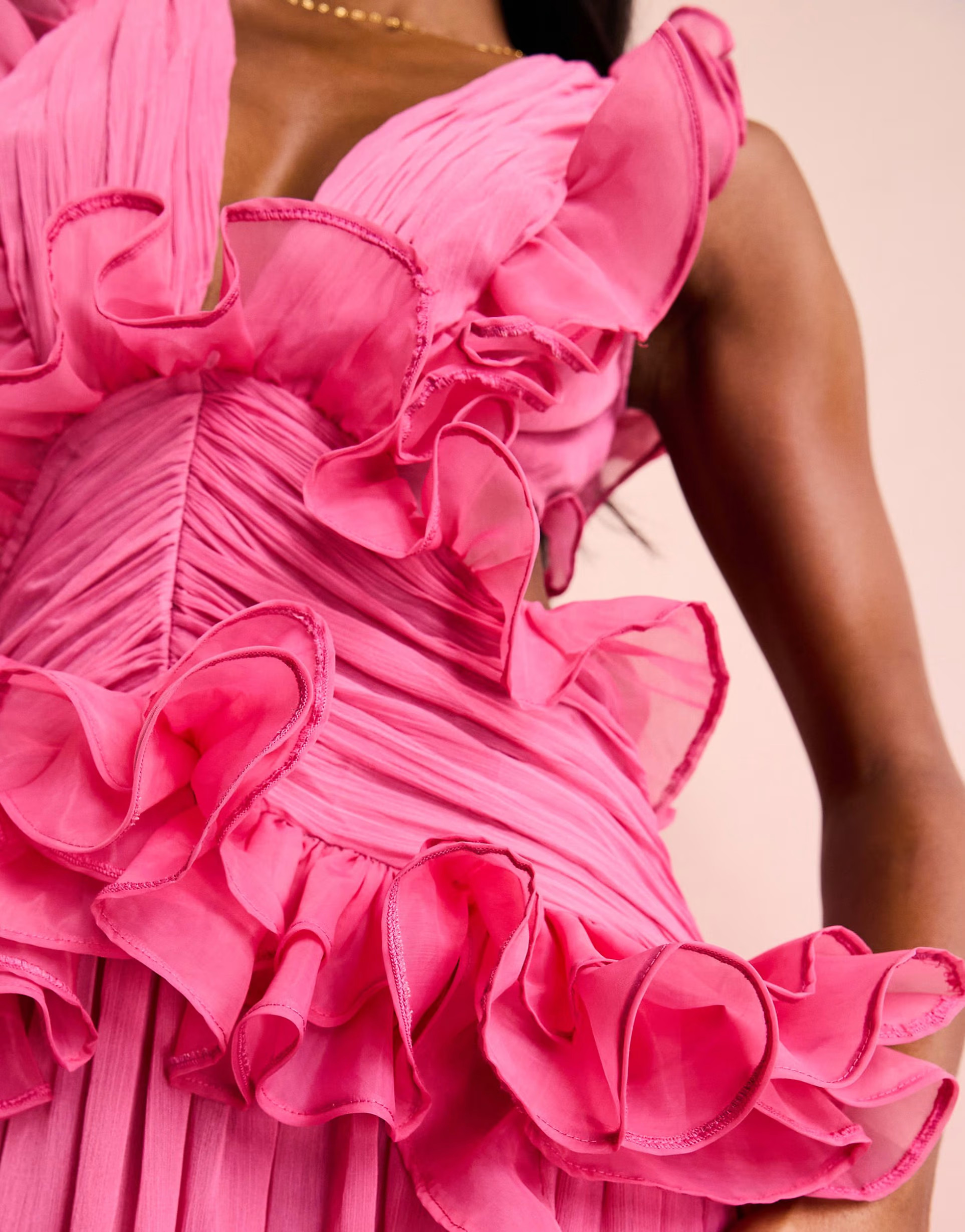 ASOS LUXE plunge maxi dress with ruched chiffon detail & open back in hot pink | ASOS (Global)
