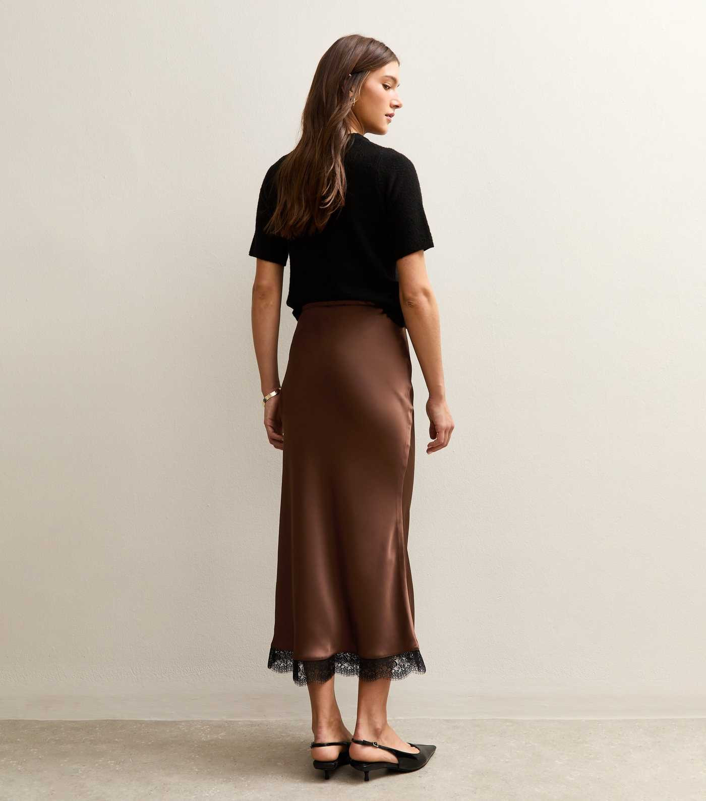 Dark Brown Lace Trim Midi Satin Skirt | New Look | New Look (UK)