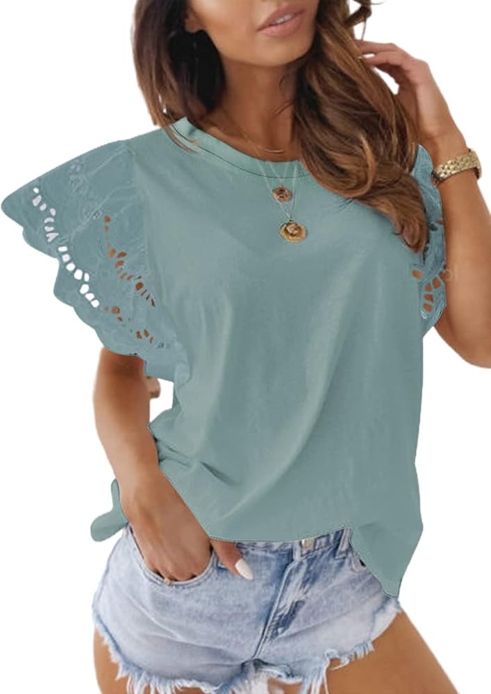Dokotoo Womens Casual Crewneck Bell Sleeve T Shirts Solid Crochet Flowy Blouses Tops Lightweight Loo | Amazon (US)