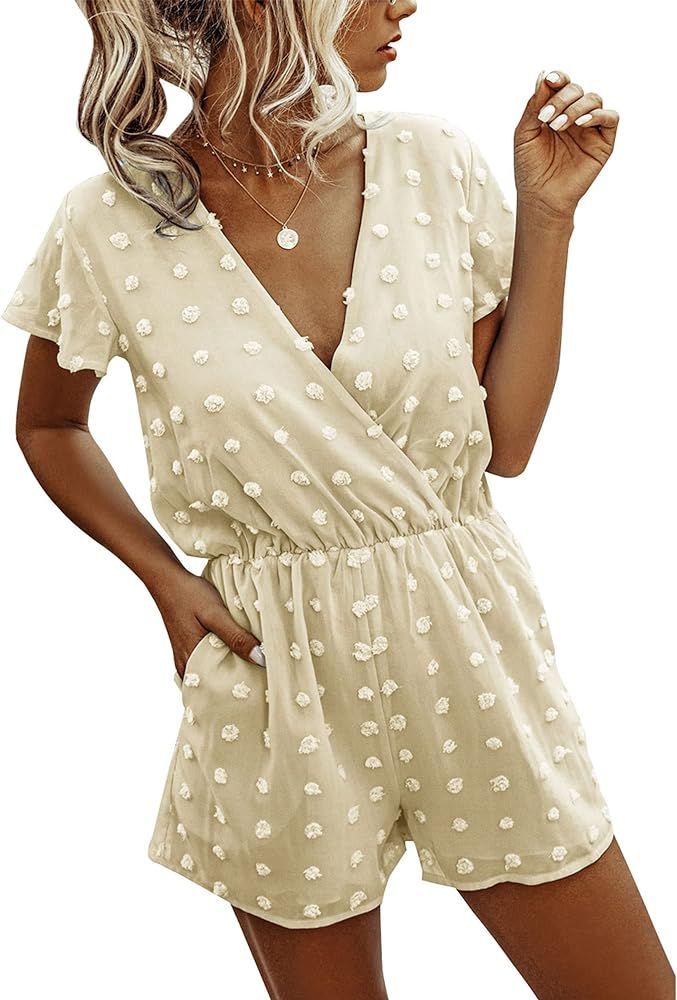 BTFBM Women 2023 Summer Fashion V Neck Wrap Rompers Swiss Dot Pocketed Elastic Waist Short Sleeve... | Amazon (US)