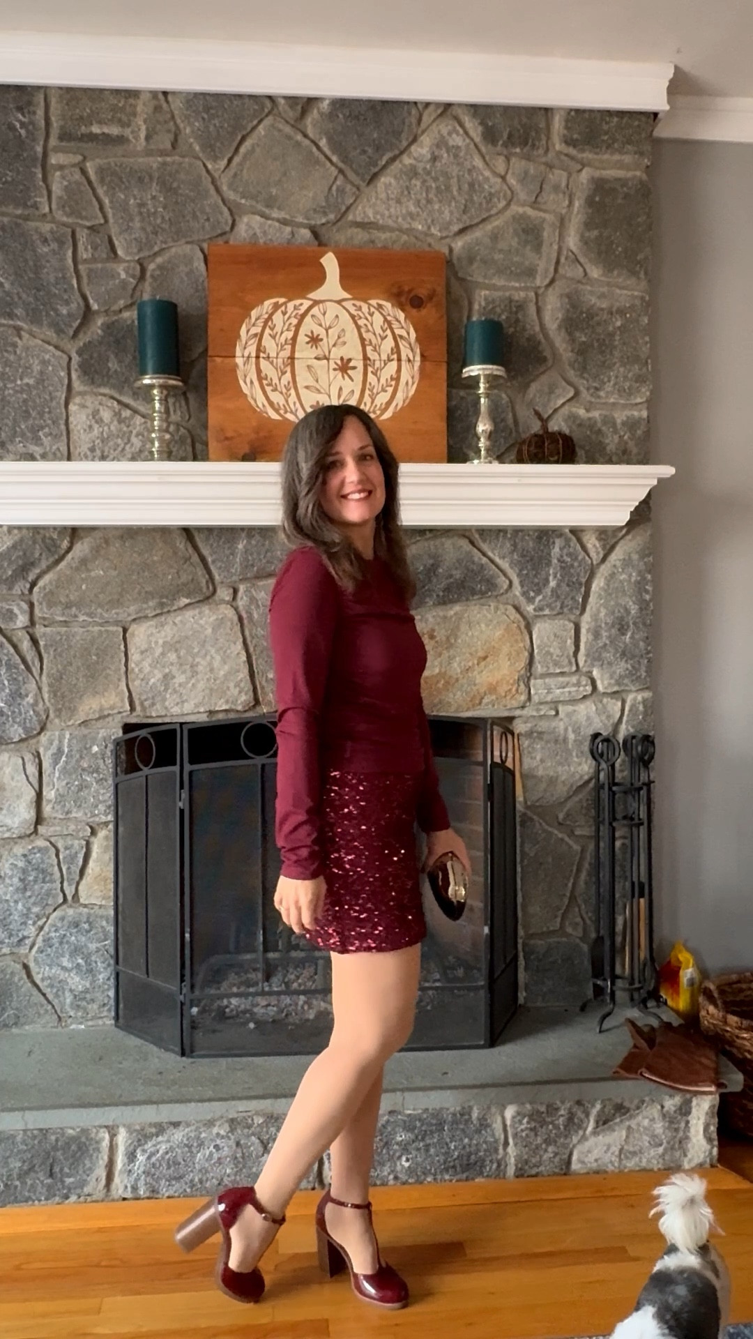 Holiday style! Sharing a few ways to style this sequin mini skirt. First is with a burgundy boat neck top and matching heels. Perfect for a date night or holiday party! 

#LTKHoliday #LTKOver40 #LTKSeasonal