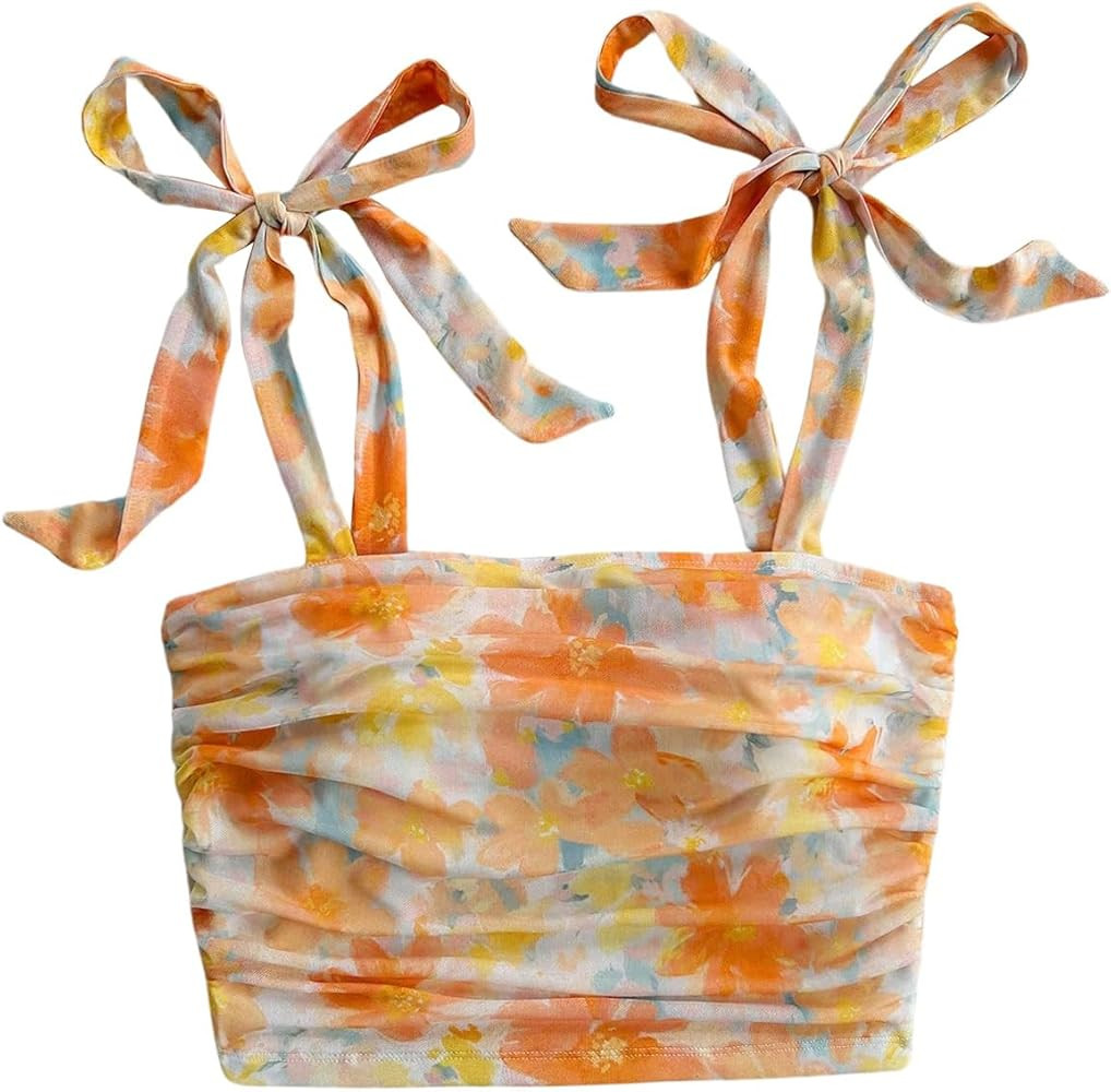 Floerns Women's Boho Floral Print Sleeveless Crop Tops Tie Shoulder Ruched Tank Tops | Amazon (US)