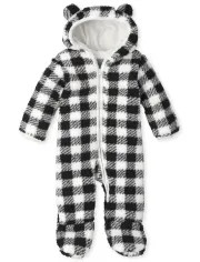 Unisex Baby Long Sleeve Buffalo Plaid Bear Sherpa Bunting | The Children's Place | The Children's Place