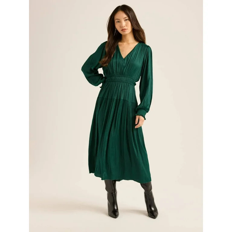 Scoop Women's & Women's Plus V Neck Plissé Midi Dress, Sizes XS-4X - Walmart.com | Walmart (US)