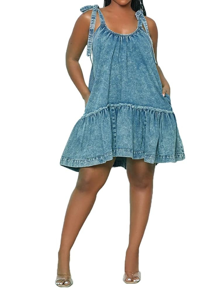 Women Denim Cami Dress Tie Shoulder Ruffle Hem Short Dresses Babydoll Wash Jean Sundress with Poc... | Amazon (US)
