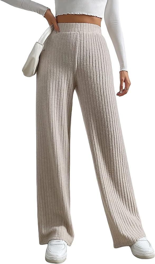 GORGLITTER Women's Wide Leg Ribbed Knit Pants High Waist Elastic Flare Palazzo Pants Trousers | Amazon (US)