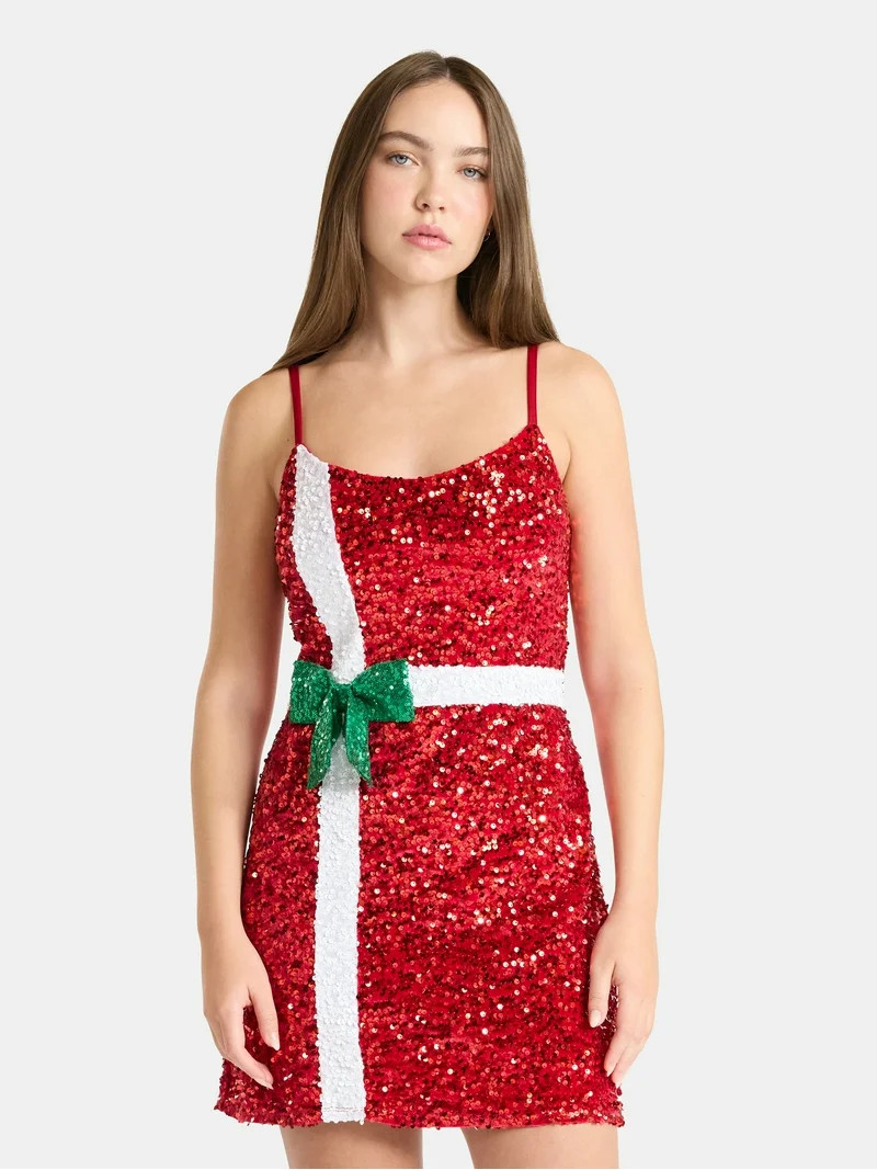 No Boundaries Christmas Present Sequin Mini Dress, Women’s | Walmart (US)