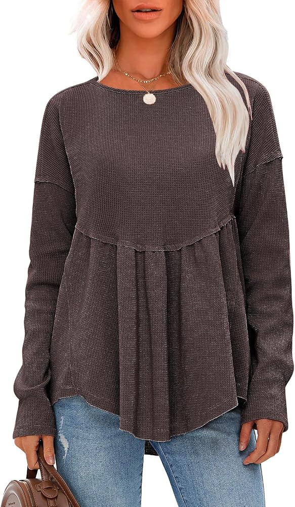 EXLURA Waffle Knit Long Sleeve Shirts for Womens Crewneck Loose Babydoll Tunic Tops Maternity Top... | Amazon (US)