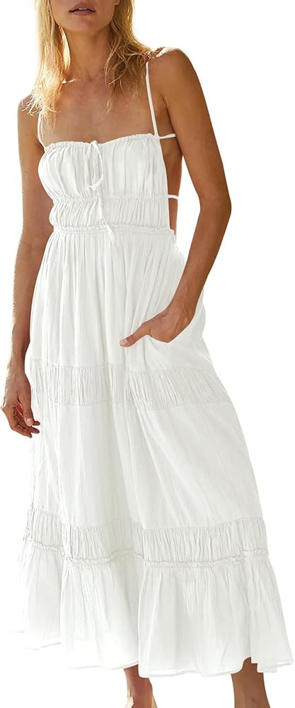 Wenrine Women's Summer Dresses Casual Long Spaghetti Straps Backless Self Tie Tiered Flowy Maxi D... | Amazon (US)