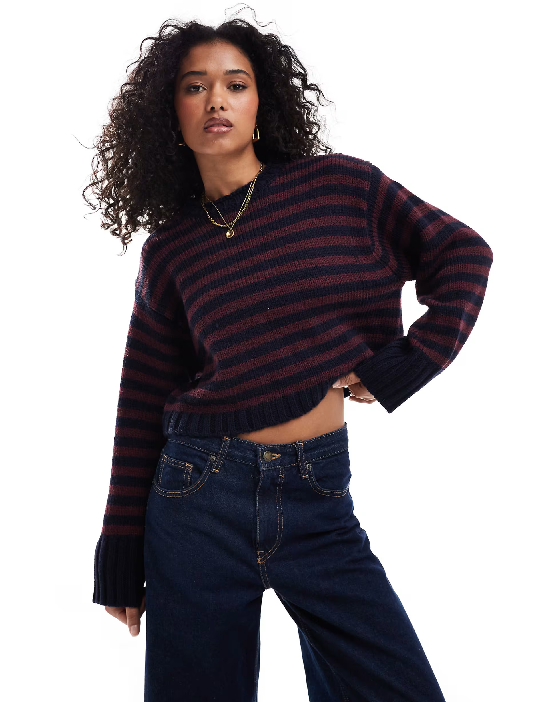 ASOS DESIGN crew neck sweater with chunky trims in navy stripe | ASOS (Global)