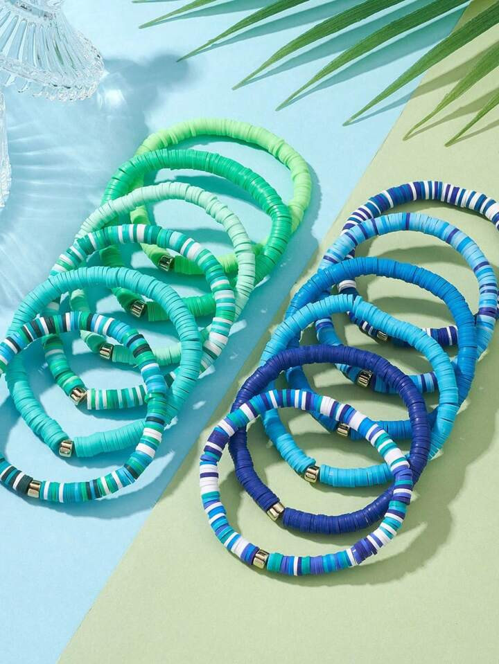 12Pcs 12 Color Polymer Clay Heishi Surfer Stretch Bracelets Set With Plastic Beaded, Stackable Pr... | SHEIN