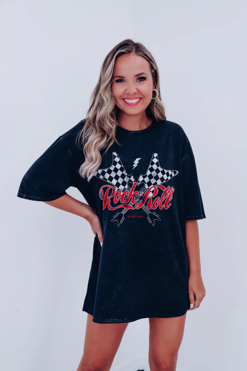 Barrett "Rock N Roll " Oversized Graphic Tee - Black | Whiskey Darling Boutique