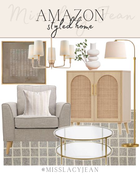 Amazon styled home includes small cabinet, area rug, gold coffee table, accent chair, throw pillow, wall art, chandelier, vase, greenery stem.

Home decor, styled home, looks for less, Amazon finds, neutral home decor

#LTKfindsunder100 #LTKstyletip #LTKhome