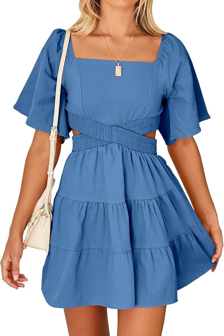ANRABESS Women Summer Square Neck Short Sleeve Cutout Crossover Waist Casual Party Tiered A-Line ... | Amazon (US)