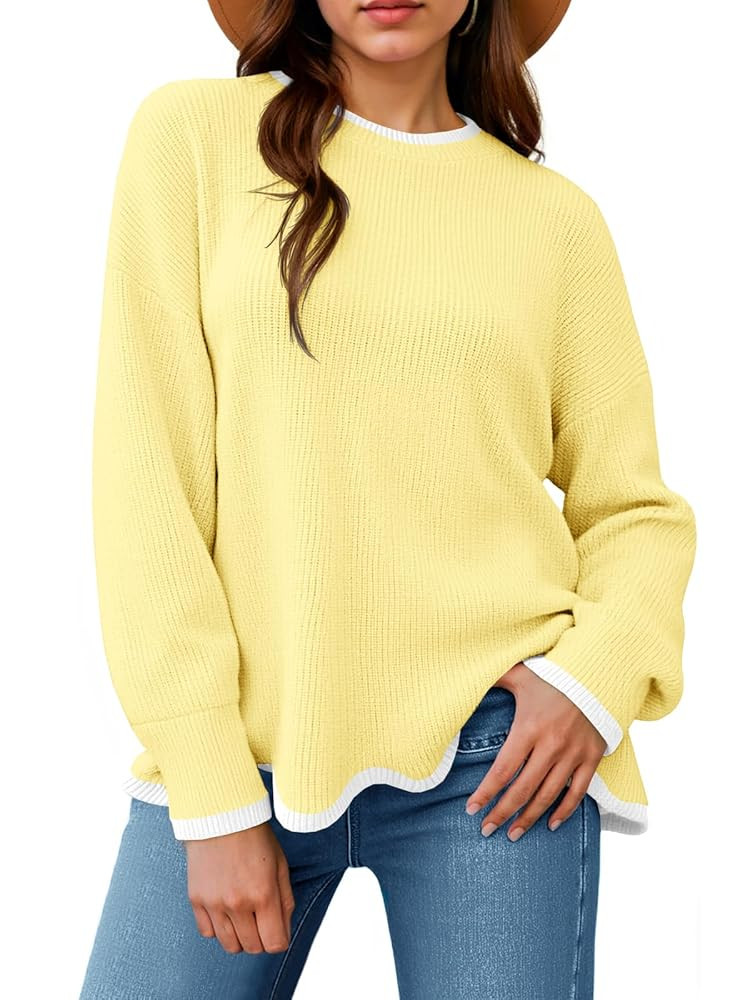 Saodimallsu Womens Contrast Color Pullover Sweaters Crewneck Knit Tops with Wave Hem Long Sleeve ... | Amazon (US)
