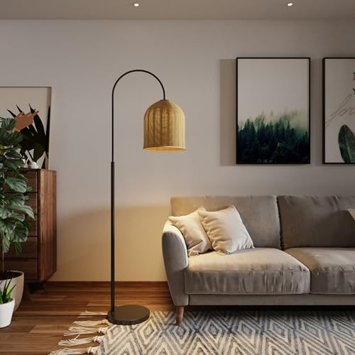 EzeeLum Rattan Floor Lamp, 66in. Boho Floor Lamp with Natural Brown Rattan Shade, Rustic Arc Standing Lamp for Coastal, Beach or Bohemian Style Decor (Coastal-Black) | Amazon (US)