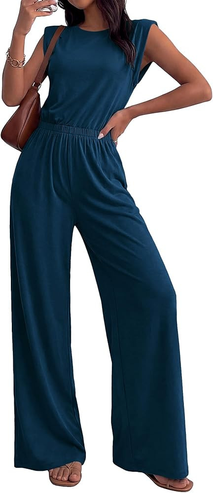 BTFBM 2 Piece Sets for Women Spring 2026 Casual Shoulder Pad Tank Top Wide Leg Pants Matching Set... | Amazon (US)