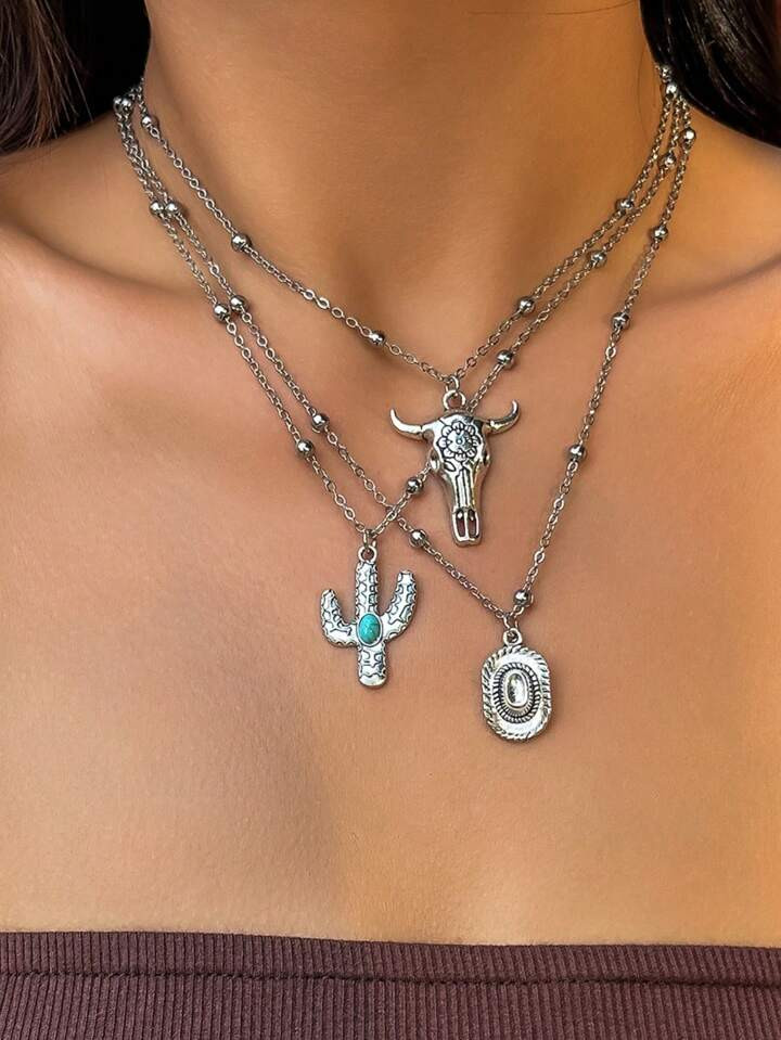 3pcs/set Western Cowboy Style Zinc Alloy Cactus Cowboy Hat Shaped Pendant Necklace, Great For Cou... | SHEIN