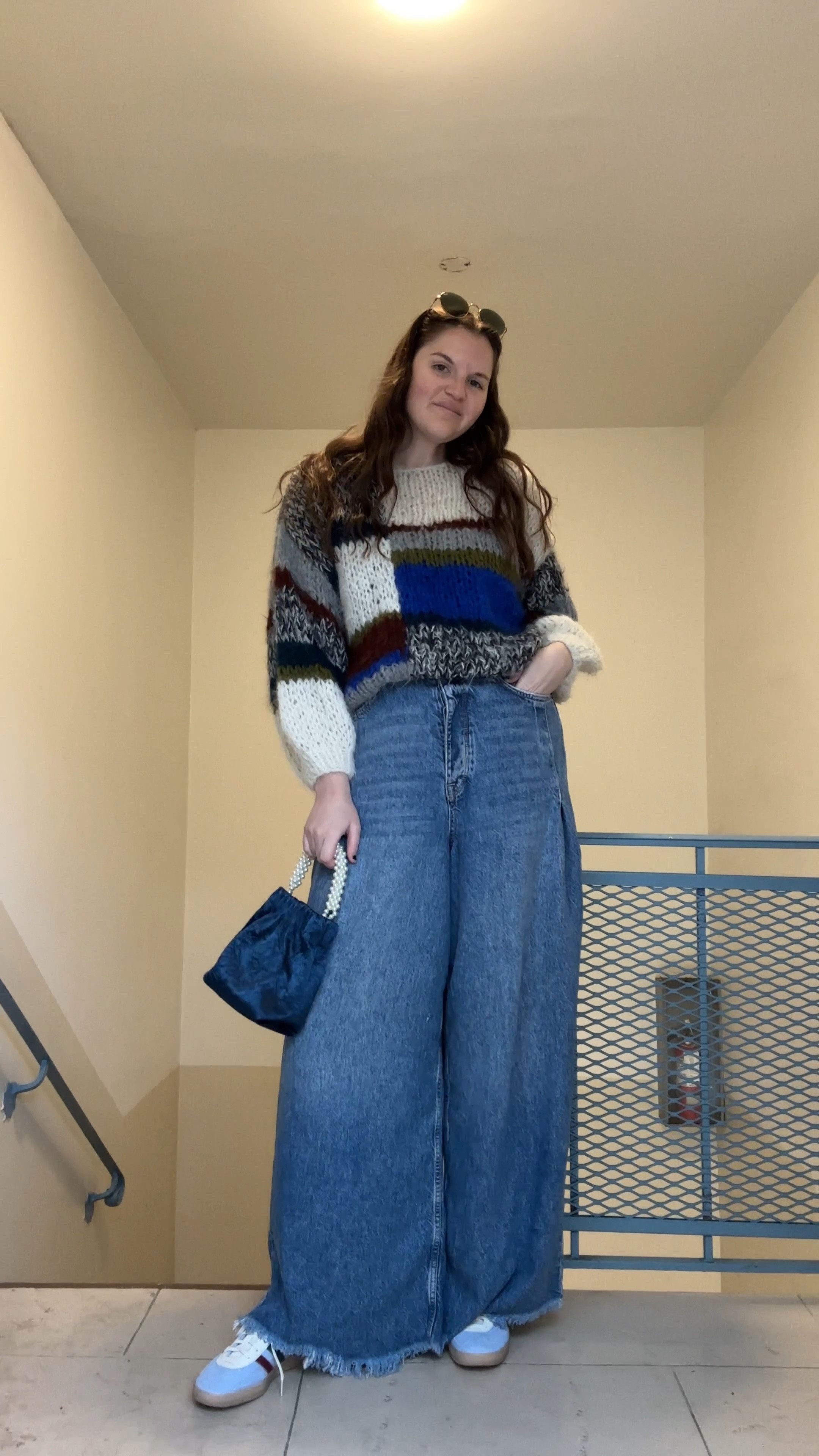 free people Maiami Alpaca Big Bomber Asymmetrical Stripe Pullover, blue and brown sweater,  fall / winter, We The Free Old West Slouchy Jeans in canyon blue, casual outfit, comfy clothes, adidas gazelle sneakers, Blue Dawn / Collegiate Burgundy / Collegiate Green, rayban sunglasses, gold jewelry from Amazon (hoop earrings, rings), blue bag with pearls 

#LTKstyletip #LTKfindsunder100 #LTKSeasonal