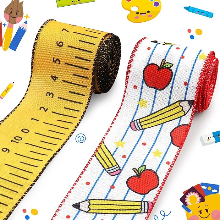 Threetols 2 Rolls 10 Yards Back to School Wired Edge Ribbon, 2.5inch Yellow Ruler Burlap Ribbon A... | Amazon (US)