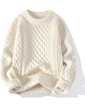 Women Cable Knit Vintage Chunky Sweater Loose Casual Knitted Sweater Unisex Woven Crewneck Knitte... | Amazon (US)