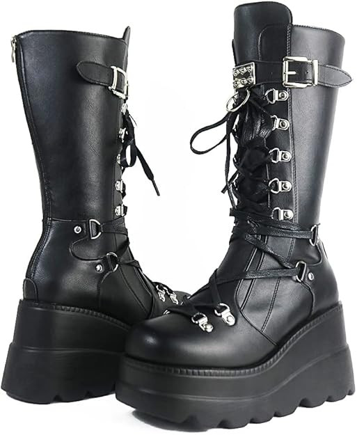 CELNEPHO Womens High Platform Mid Calf Wedges Chunky High Heel Round-Toe Side Zip Punk Combat Boo... | Amazon (US)