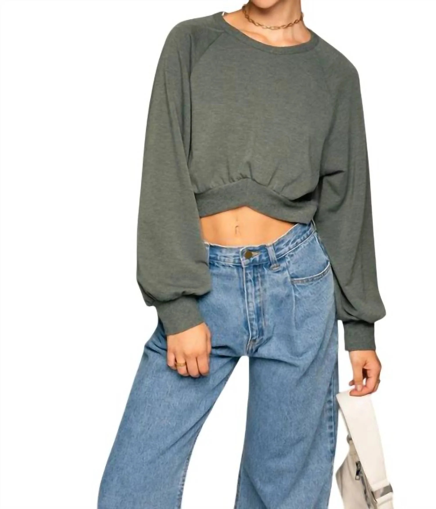 Long Sleeve Cropped Pullover In Grey | Shop Simon