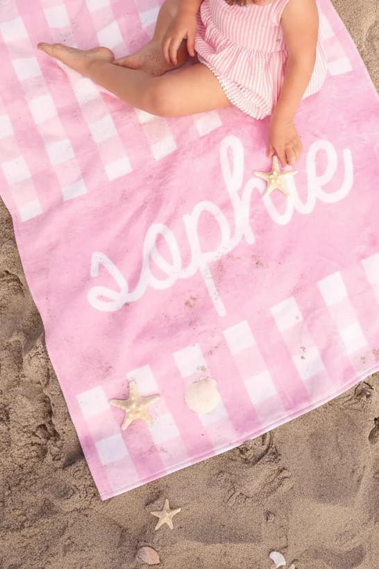 Seersucker Dusty Pink Personalized Kids Beach Towel | Caden Lane