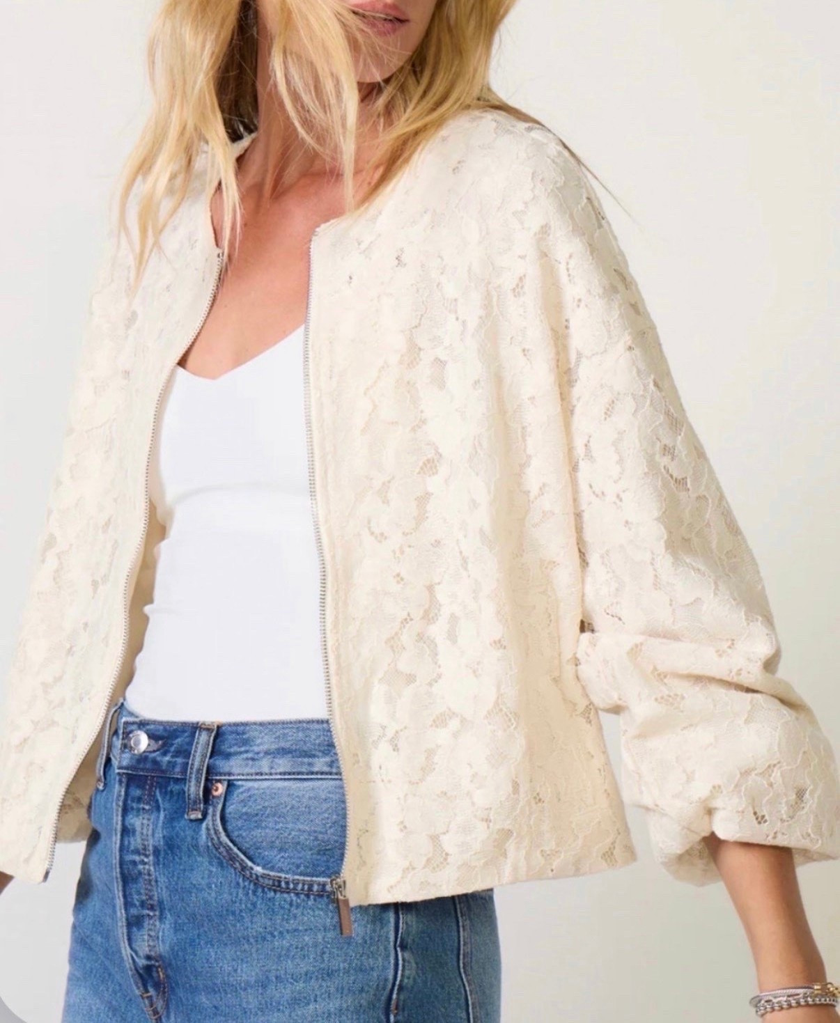 Lace bomber jacket 
Jacket
White jacket 
Jeans

#LTKSeasonal #LTKdayinmylife