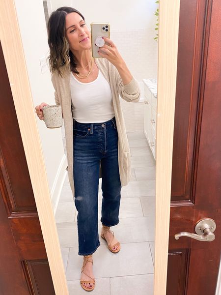 Still obsessed with these Levi’s jeans! Fit TTS. Amazon tank and sandals. Cardigan is old via Nordstrom  