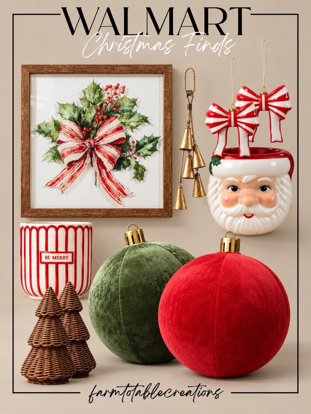 Walmart Christmas Finds 🎄❤️

These Walmart Christmas finds are such a fun mix of classic holiday charm and playful statement pieces! The red and green velvet ornaments, striped bows, vintage-inspired Santa, brass bells, wicker trees, and festive artwork all bring that cozy, nostalgic Christmas feel.

I love how these pieces can be mixed into a traditional holiday setup without making everything feel overly themed. A few of these accents on a console, mantel, bookshelf, or Christmas tree would instantly make the space feel festive and collected.

Follow @farmtotablecreations on Instagram for more cozy home finds and trending decor.

#LTKHome #WalmartFinds #WalmartHome #WalmartChristmas #ChristmasDecor #HolidayDecor #ChristmasFinds #TraditionalChristmas #VintageChristmas #CozyChristmas #HolidayHome #ChristmasOrnaments #ChristmasInspo #FestiveDecor #ChristmasStyle

#LTKSeasonal #LTKHome