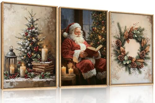 HOURIA Vintage Christmas Framed Canvas Wall Art Set,Santa Claus Reading Book Decor, Wreath Pinecone Berries Artwork,Cozy Night Tree Candle Lantern Prints for Living Room,Xmas 24"x36"x3 | Amazon (US)