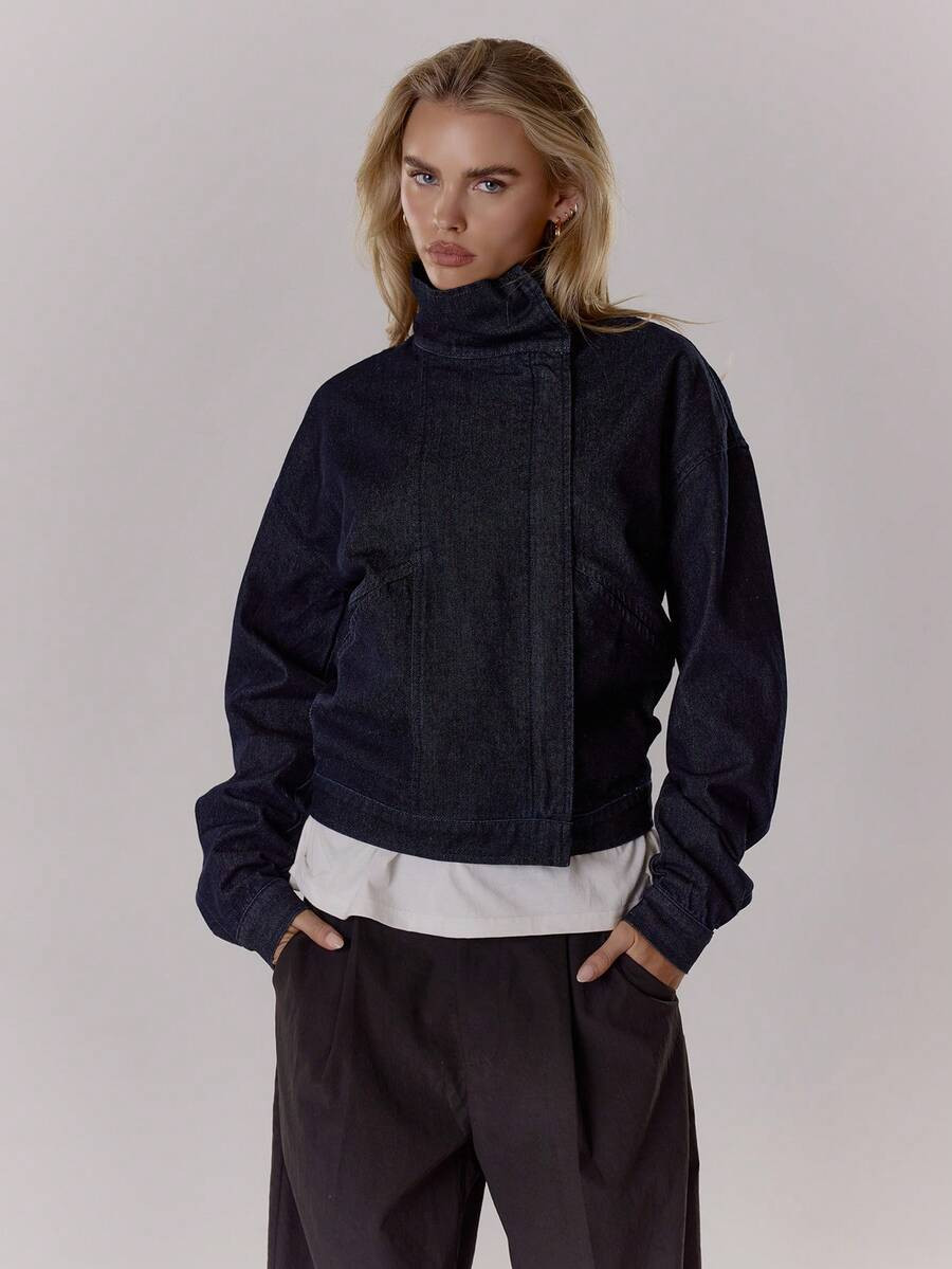 MUSERA Denim Funnel Neck Jacket Streetwear Cool Casual Going Out Night Out Sexy Winter Everyday  ... | SHEIN