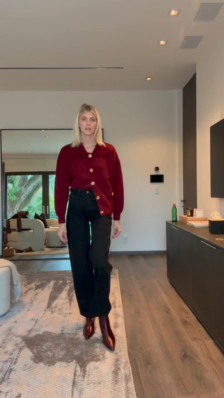 I fell in love with this sweater and gold buttons. Would be so cute with a turtleneck underneath. Also, just bought some new black barrel leg jeans to try! ✨ 

 #LTKWatchNow #LTKStyleTip