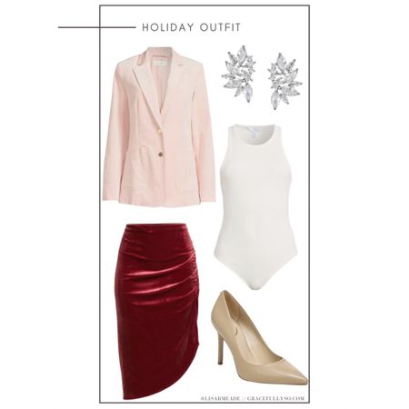 Holiday outfit idea 
Velvet skirt, skirt, Christmas outfit, holiday outfit, holiday style, women’s fashion, Walmart, Walmart, fashion, blazer, bodysuit, scoop, time and tru, heels