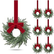 6 Pcs Small Christmas Norfolk Wreaths Evergreen 12.6 Inch Christmas Kitchen Cabinet Mini Wreaths Real Touch with Bow and Burgundy Ribbon for Xmas Front Door Window Home Table Pillar Decor | Amazon (US)