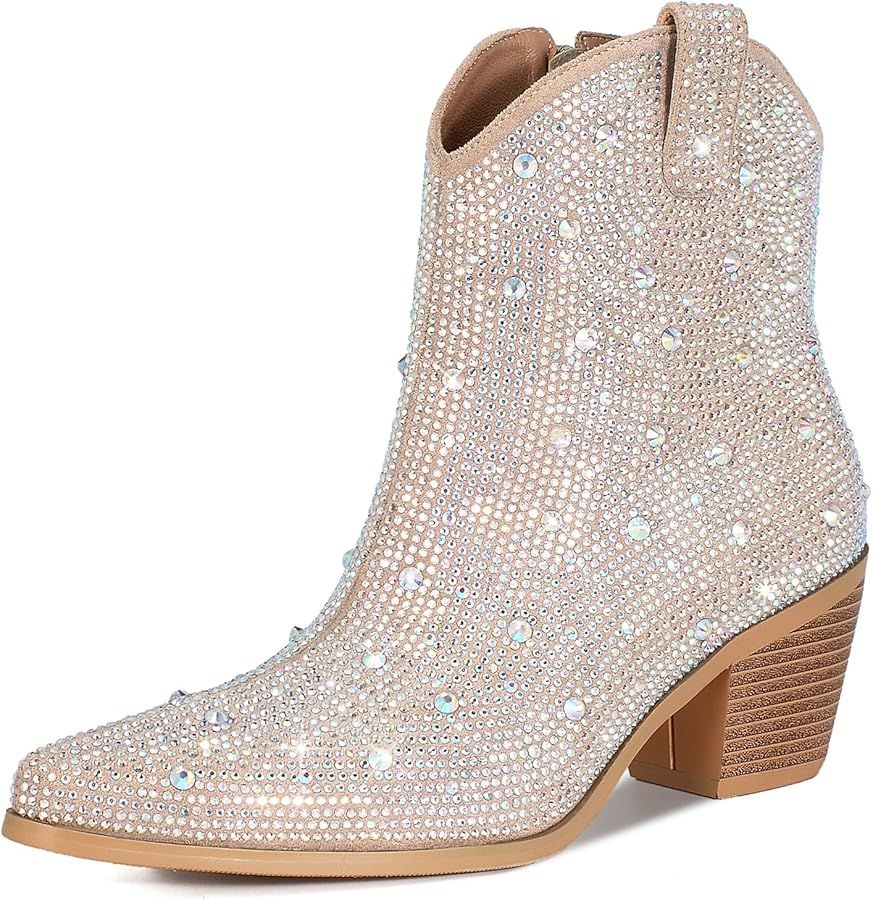 FIFSY Women Rhinestone Cowboy Boots Glitter Chunky Heel Sparkly Cowgirl Ankle Boots | Amazon (US)