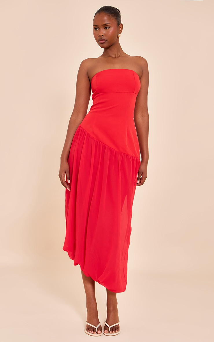 Tomato Red Chiffon Bandeau Balloon Hem Dress  | Dresses | PrettyLittleThing US
