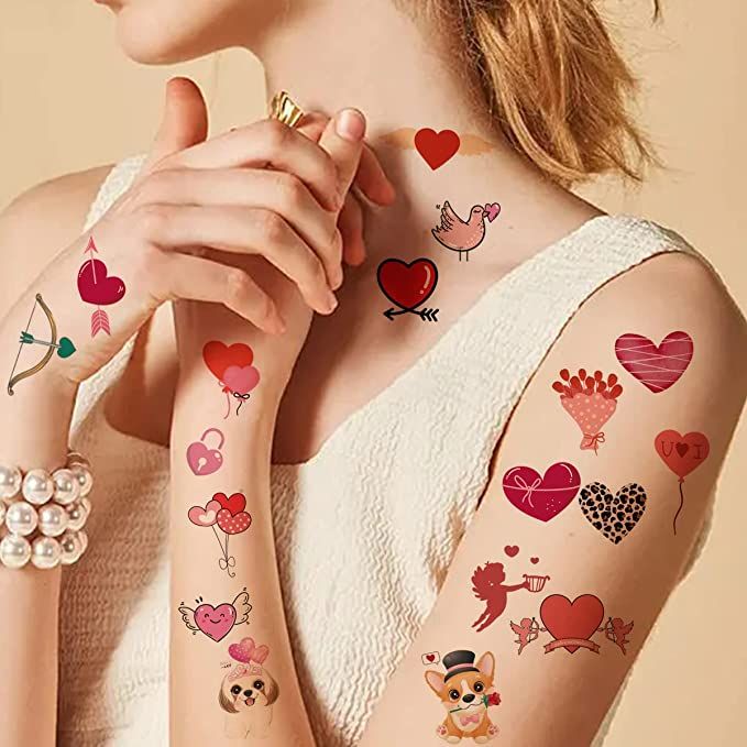 10 Sheets Valentine's Day Temporary Tattoos for Women Kids, Valentine's Day Romantic Red Love Hea... | Amazon (US)