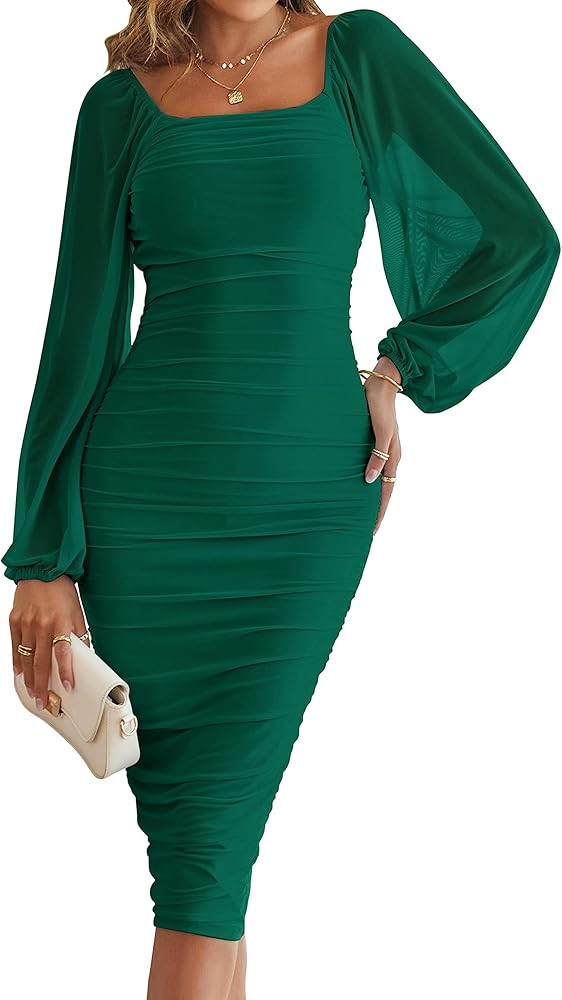 MEROKEETY Women's Long Sleeve Wedding Guest Formal Dress Fall Winter Ruched Bodycon Mesh Cocktail... | Amazon (US)