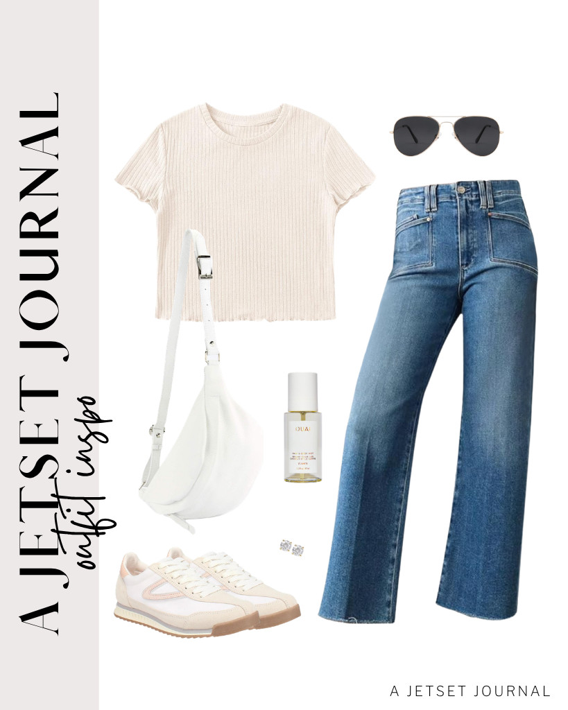 You will definitely love this combination of a khaki ribbed knit shirt and wide-leg jeans. For your footwear, TRETORN has these comfy sneakers that go well with this outfit. Style it with a hip bag and polarized aviator sunnies.


#LTKSeasonal #LTKSaleAlert #LTKTravel 

 