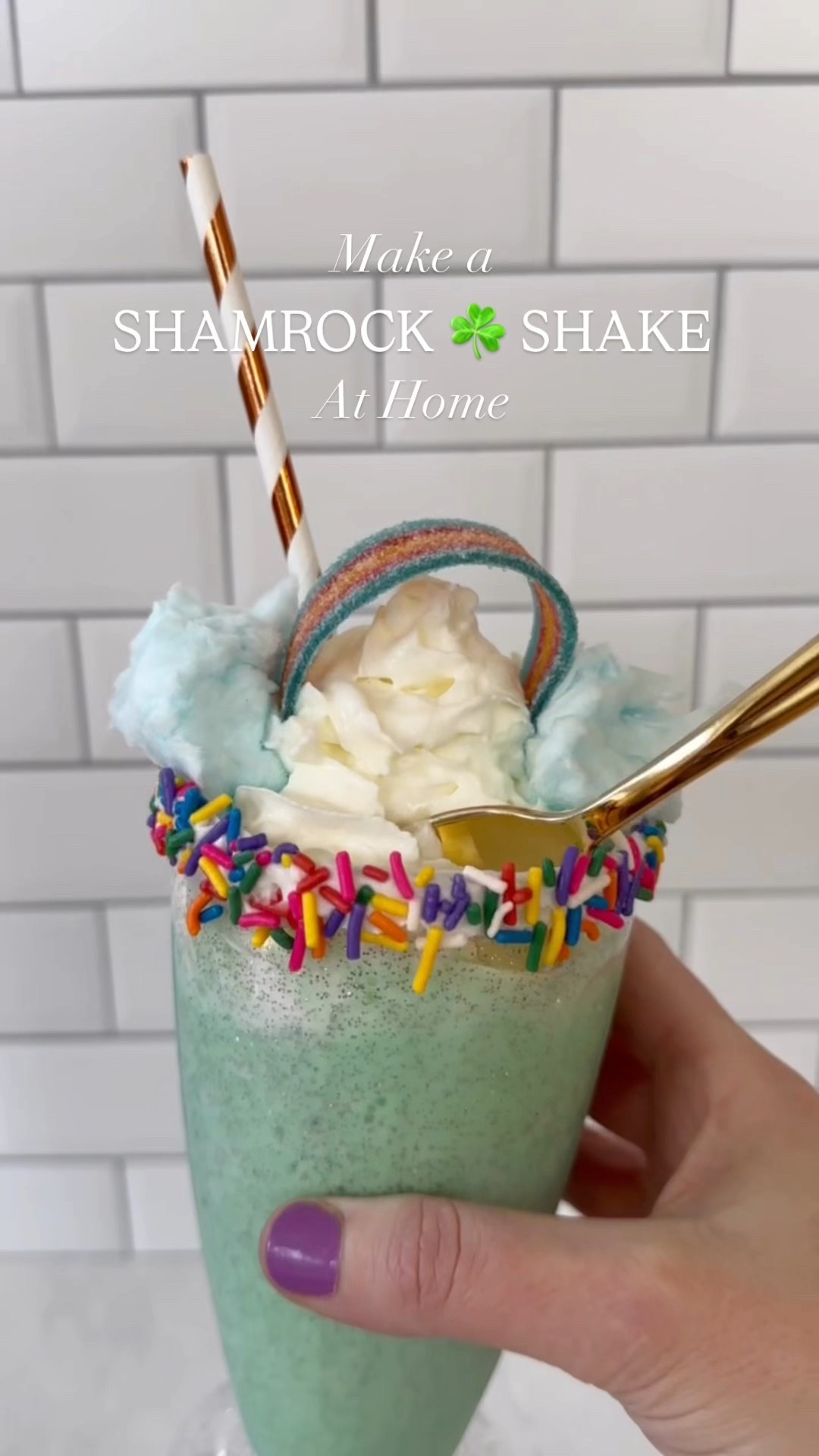Shamrock Shake ingredients with rainbow candy, clouds and gold at the end of the rainbow 